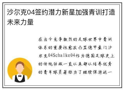 沙尔克04签约潜力新星加强青训打造未来力量