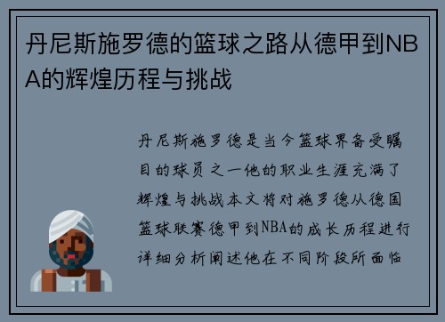 丹尼斯施罗德的篮球之路从德甲到NBA的辉煌历程与挑战